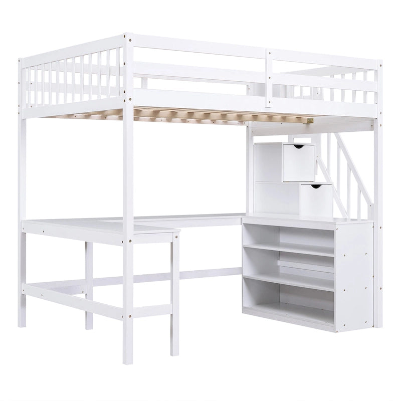 Lit mezzanine en pin blanc pleine grandeur avec bureau en L et escalier de rangement
