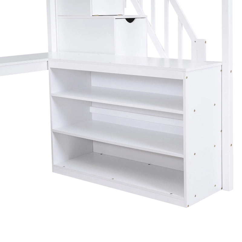 Lit mezzanine en pin blanc pleine grandeur avec bureau en L et escalier de rangement