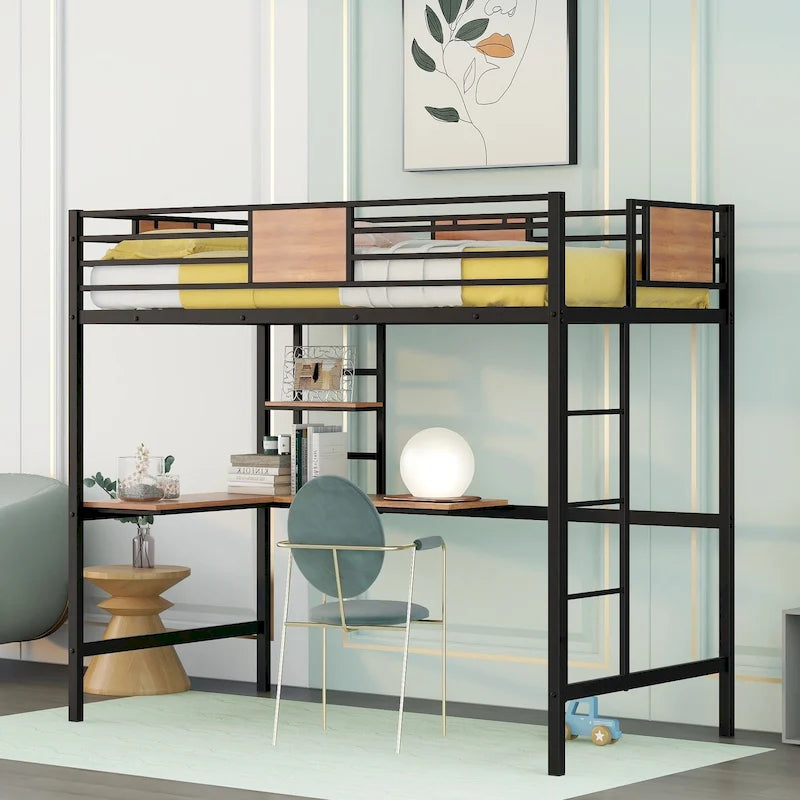 Lit mezzanine métallique noir de taille double avec bureau et étagères pour enfants