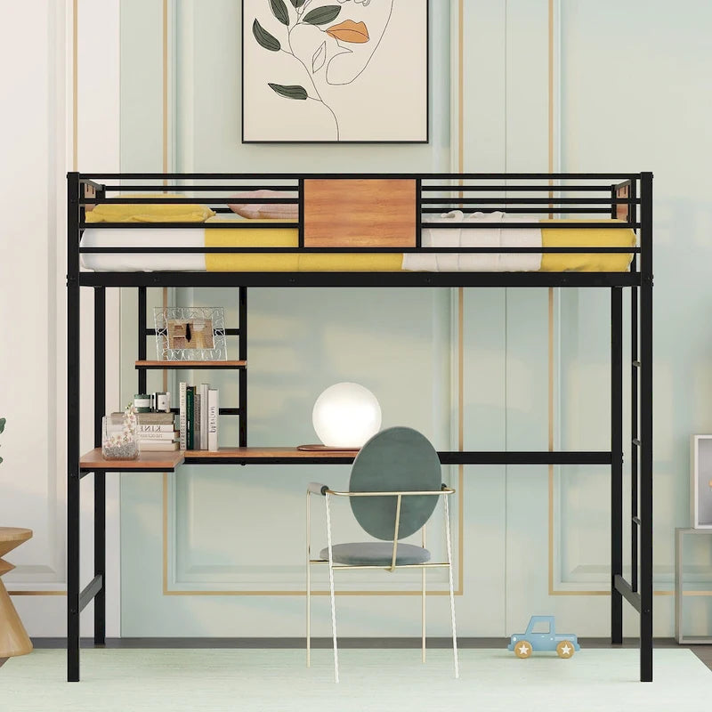 Lit mezzanine métallique noir de taille double avec bureau et étagères pour enfants