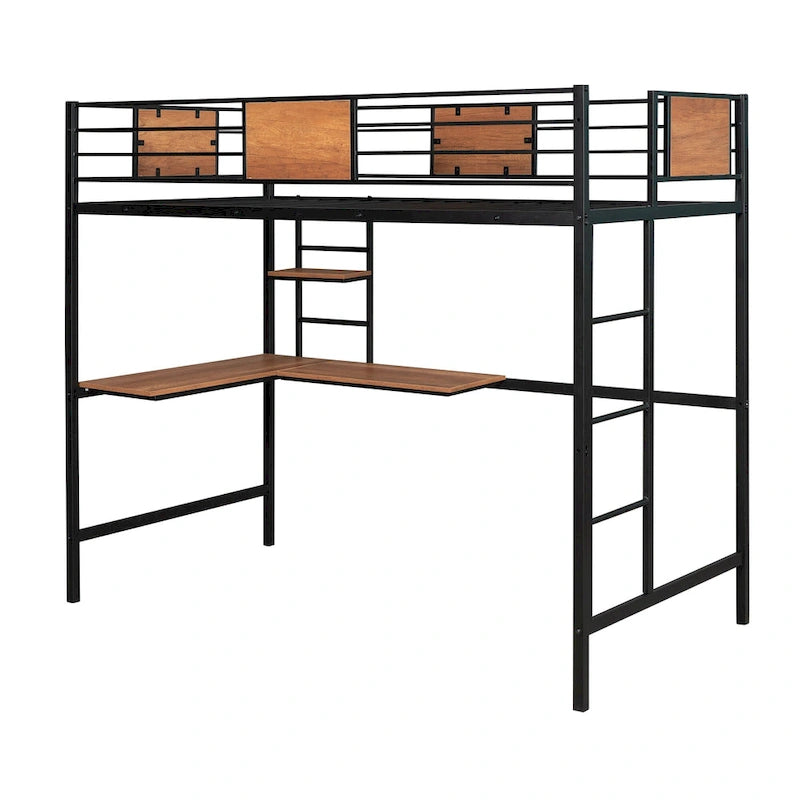 Lit mezzanine métallique noir de taille double avec bureau et étagères pour enfants