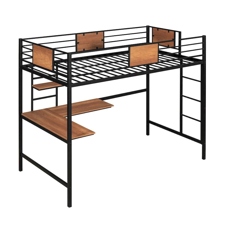 Lit mezzanine métallique noir de taille double avec bureau et étagères pour enfants