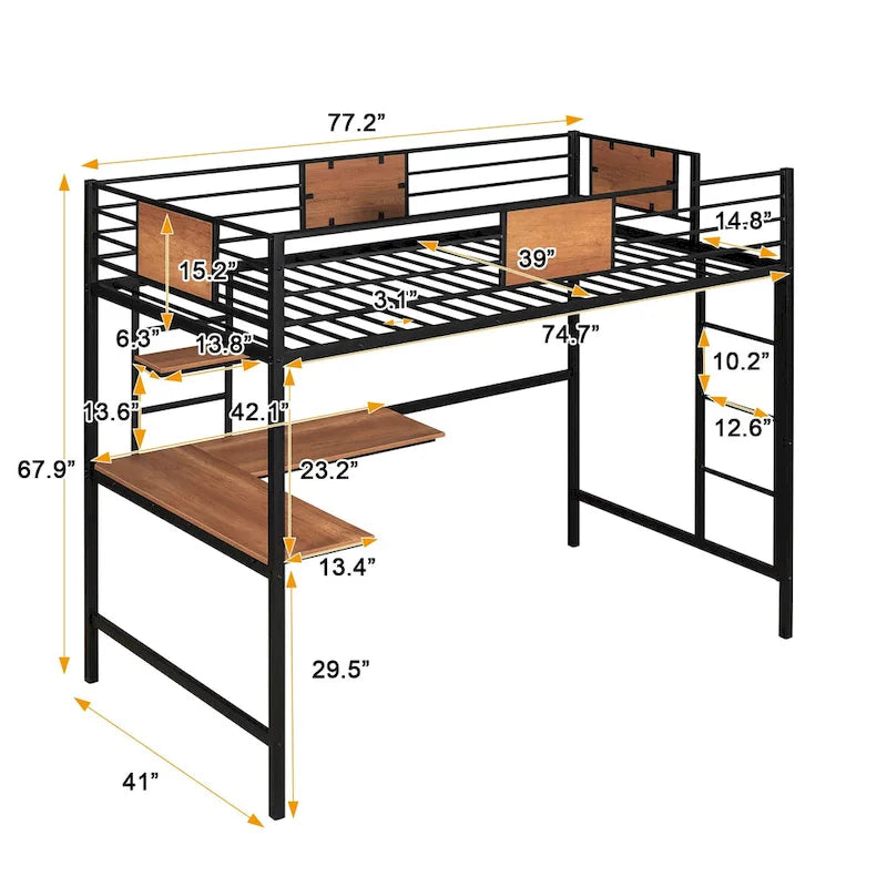 Lit mezzanine métallique noir de taille double avec bureau et étagères pour enfants
