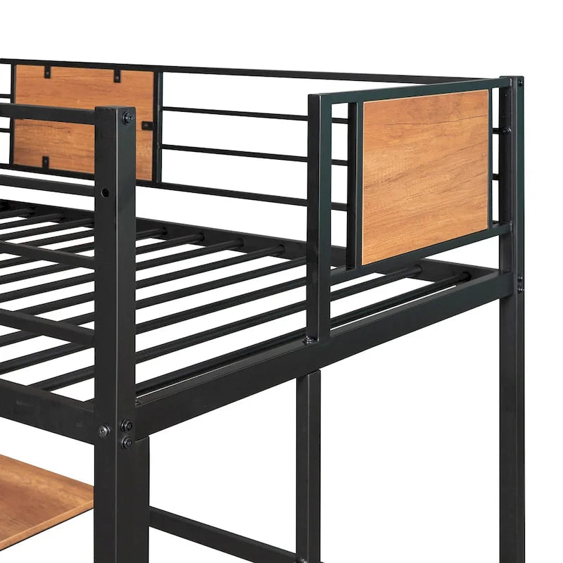 Lit mezzanine métallique noir de taille double avec bureau et étagères pour enfants