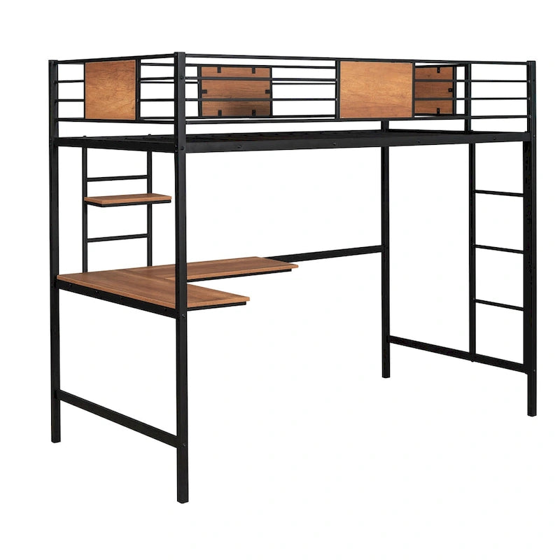 Lit mezzanine métallique noir de taille double avec bureau et étagères pour enfants