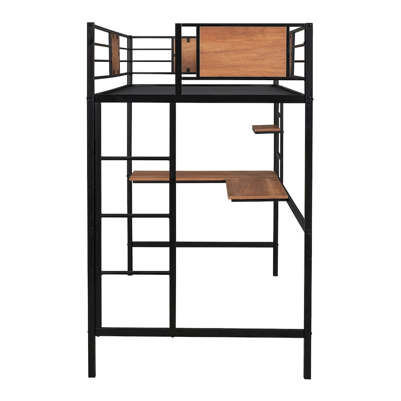 Lit mezzanine métallique noir de taille double avec bureau et étagères pour enfants