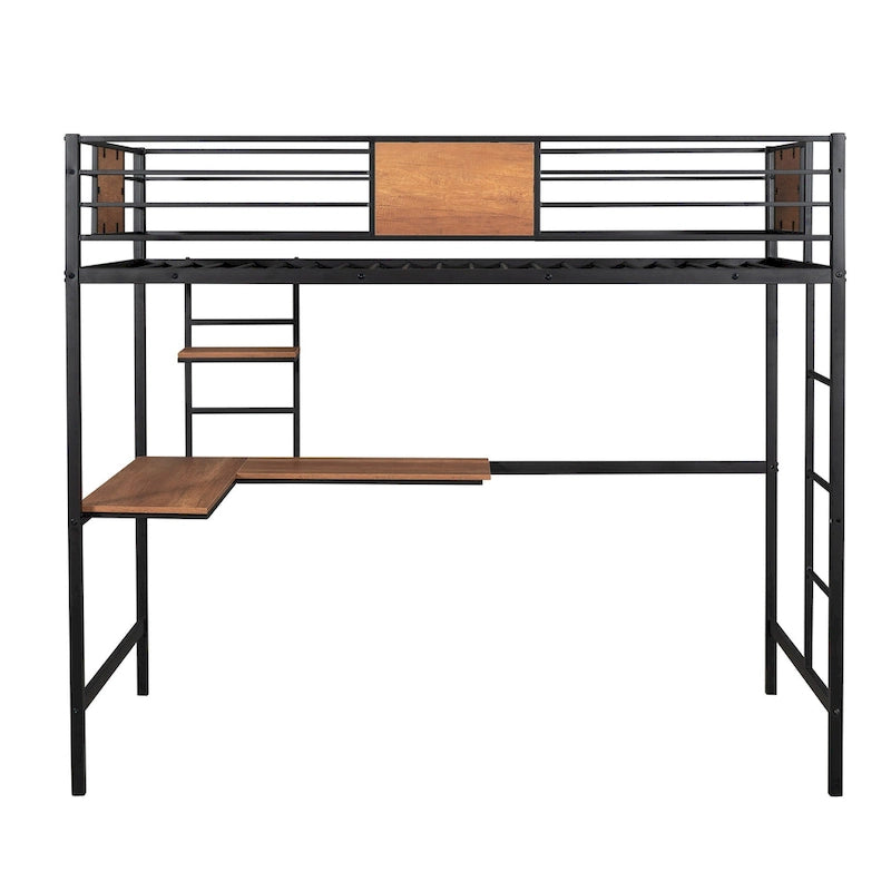 Lit mezzanine métallique noir de taille double avec bureau et étagères pour enfants