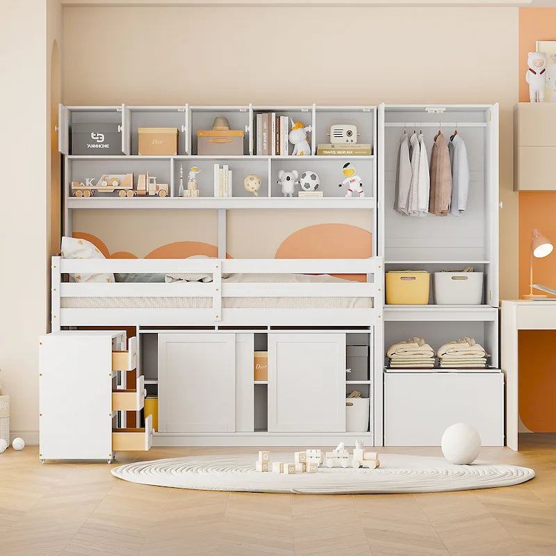 Lit mezzanine simple en bois blanc avec armoire intégrée, bureau sous le lit, tiroirs et étagères