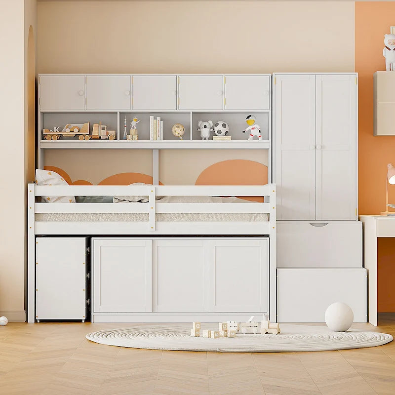 Lit mezzanine simple en bois blanc avec armoire intégrée, bureau sous le lit, tiroirs et étagères