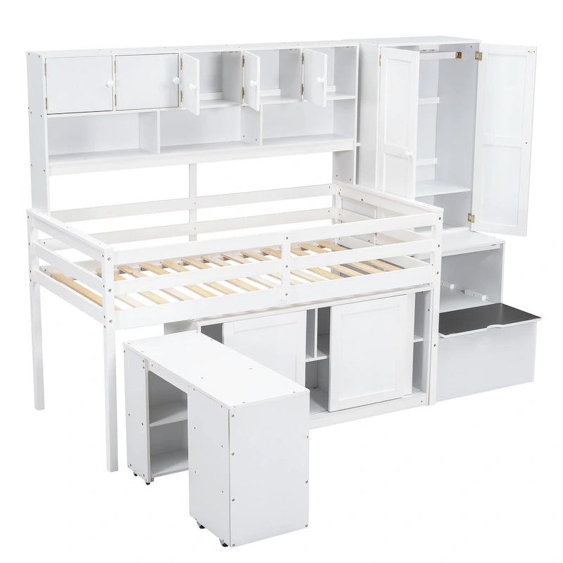 Lit mezzanine simple en bois blanc avec armoire intégrée, bureau sous le lit, tiroirs et étagères