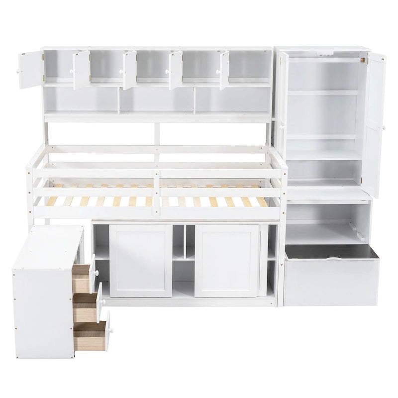 Lit mezzanine simple en bois blanc avec armoire intégrée, bureau sous le lit, tiroirs et étagères