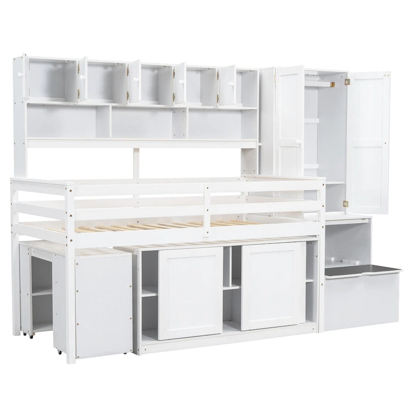 Lit mezzanine simple en bois blanc avec armoire intégrée, bureau sous le lit, tiroirs et étagères
