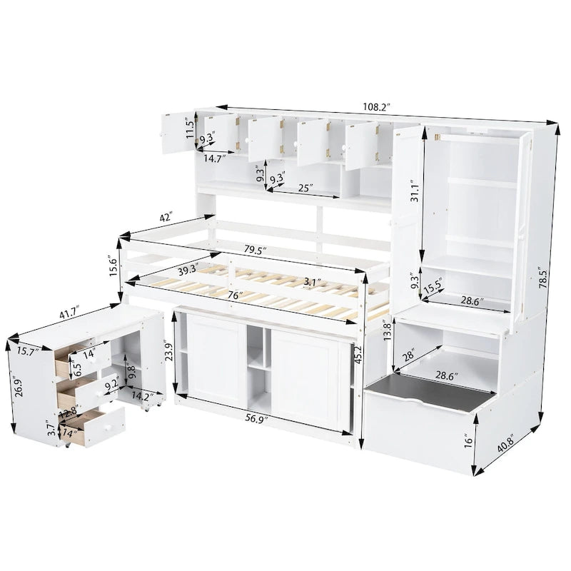 Lit mezzanine simple en bois blanc avec armoire intégrée, bureau sous le lit, tiroirs et étagères