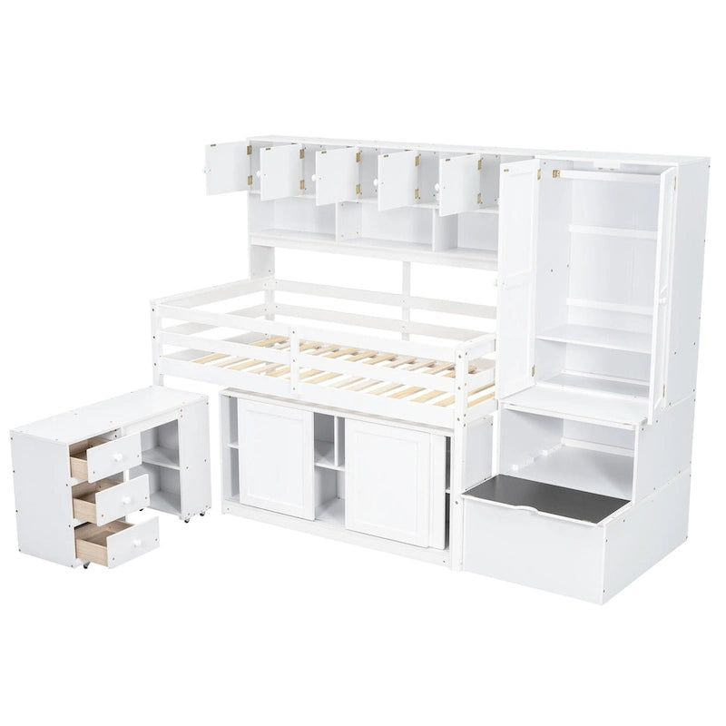 Lit mezzanine simple en bois blanc avec armoire intégrée, bureau sous le lit, tiroirs et étagères