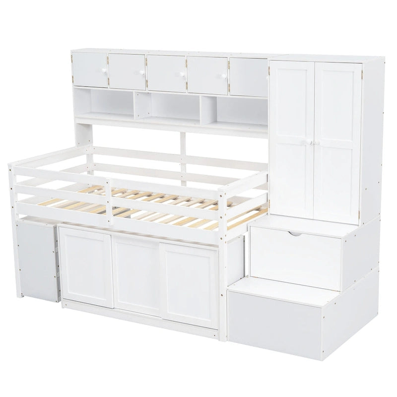 Lit mezzanine simple en bois blanc avec armoire intégrée, bureau sous le lit, tiroirs et étagères