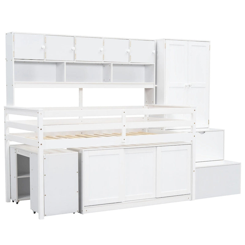 Lit mezzanine simple en bois blanc avec armoire intégrée, bureau sous le lit, tiroirs et étagères