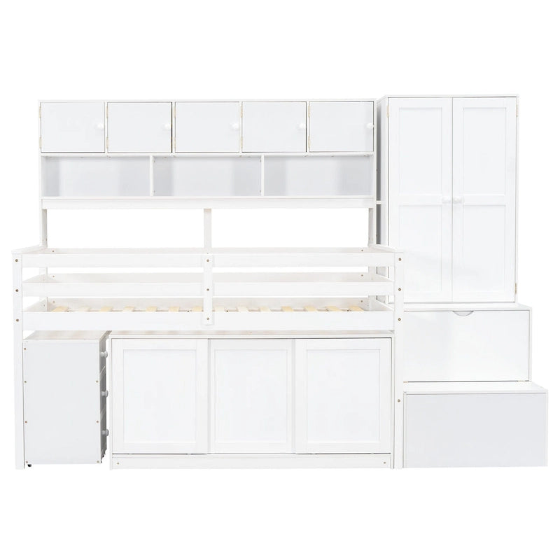Lit mezzanine simple en bois blanc avec armoire intégrée, bureau sous le lit, tiroirs et étagères