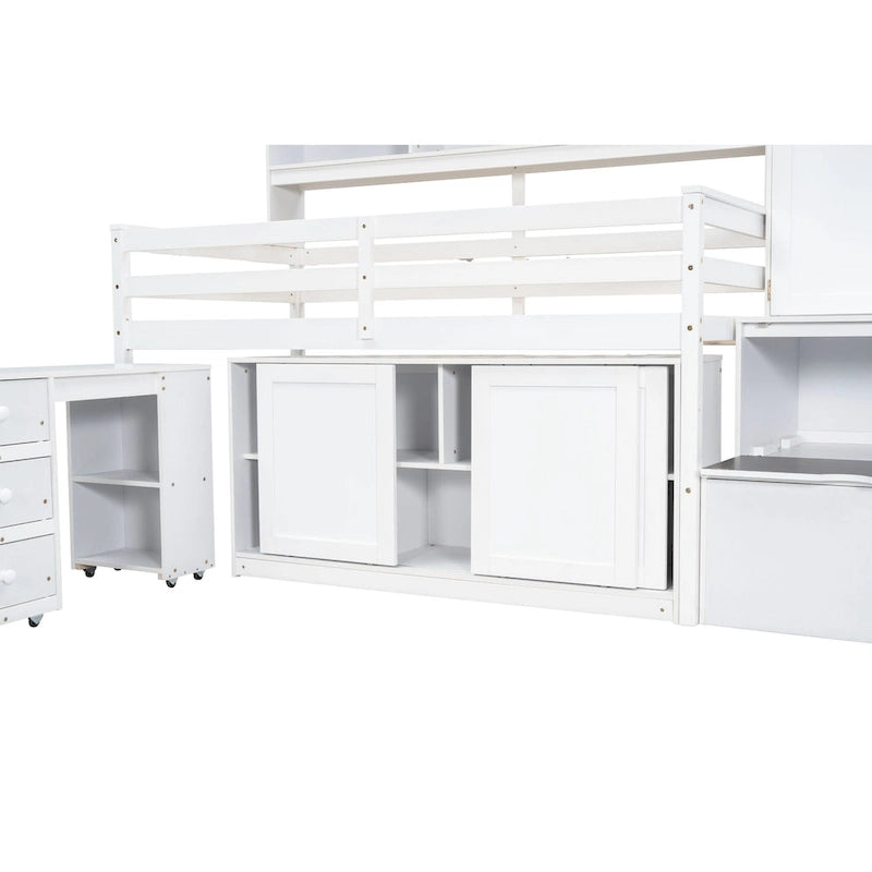 Lit mezzanine simple en bois blanc avec armoire intégrée, bureau sous le lit, tiroirs et étagères