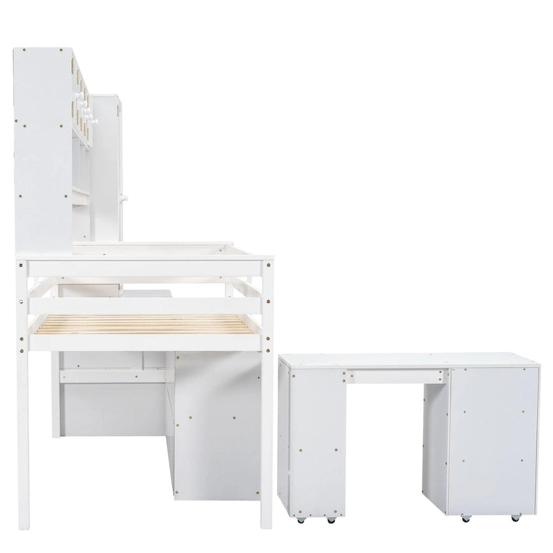 Lit mezzanine simple en bois blanc avec armoire intégrée, bureau sous le lit, tiroirs et étagères