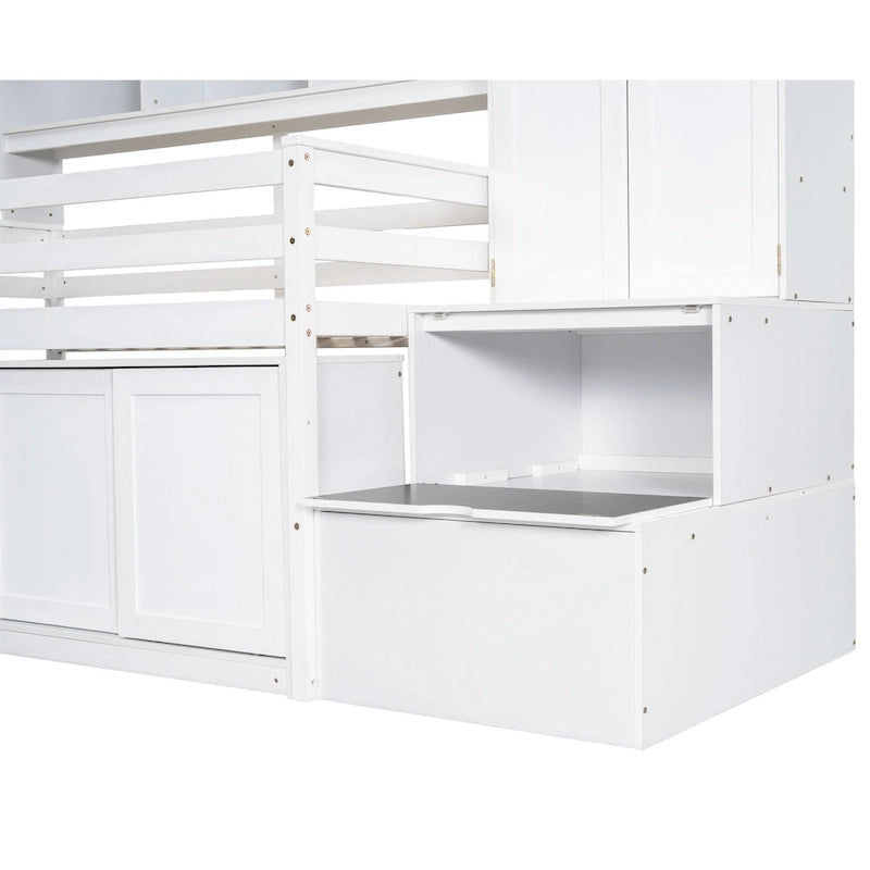 Lit mezzanine simple en bois blanc avec armoire intégrée, bureau sous le lit, tiroirs et étagères