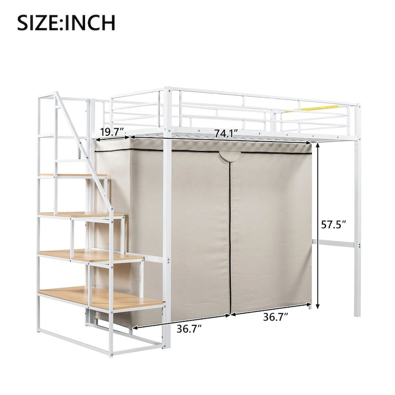Lit mezzanine en métal blanc taille jumeau avec armoire et étagères de rangement pour enfants, garçons et filles, chambre à coucher