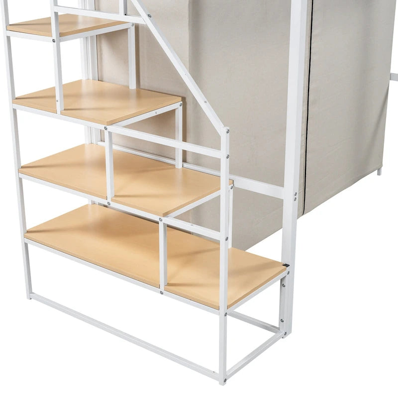 Lit mezzanine en métal blanc taille jumeau avec armoire et étagères de rangement pour enfants, garçons et filles, chambre à coucher
