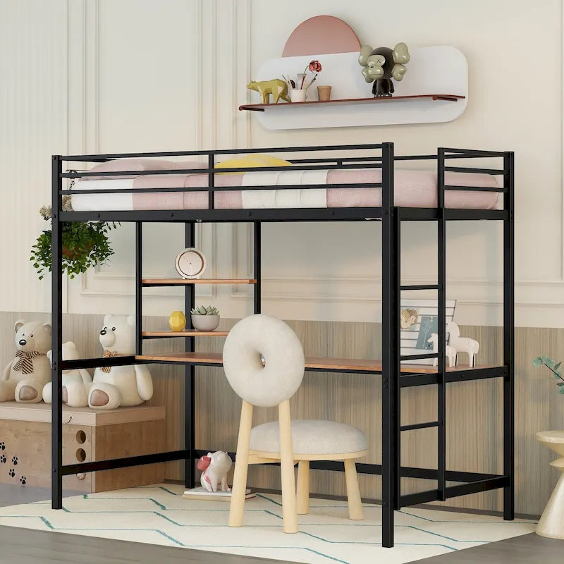 Lit mezzanine simple en métal noir avec bureau, échelle et étagères pour enfants