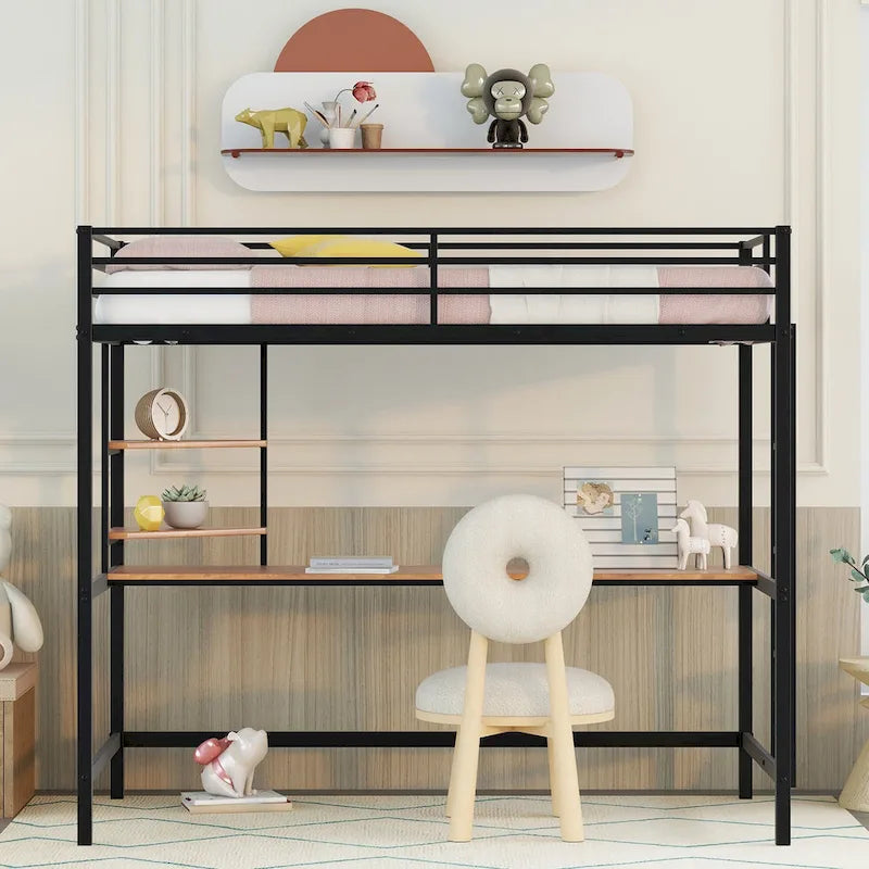 Black Twin Size Metal Loft Bed with Desk, Ladder, and Shelves for Kids