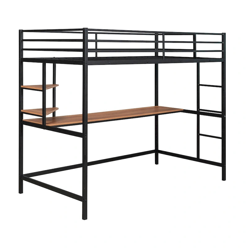 Lit mezzanine simple en métal noir avec bureau, échelle et étagères pour enfants
