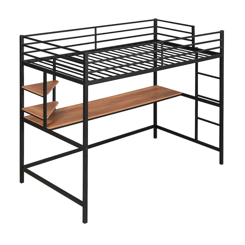 Lit mezzanine simple en métal noir avec bureau, échelle et étagères pour enfants