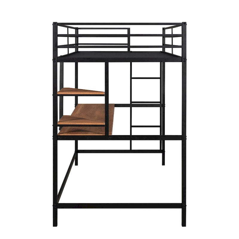 Lit mezzanine simple en métal noir avec bureau, échelle et étagères pour enfants