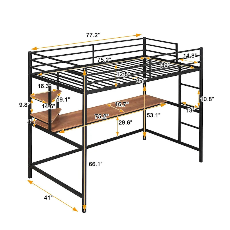 Lit mezzanine simple en métal noir avec bureau, échelle et étagères pour enfants
