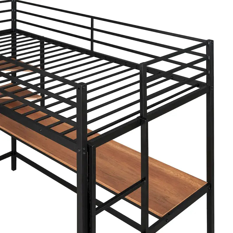 Lit mezzanine simple en métal noir avec bureau, échelle et étagères pour enfants