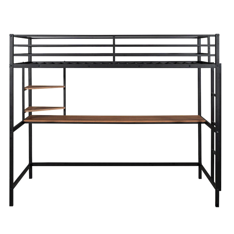 Lit mezzanine simple en métal noir avec bureau, échelle et étagères pour enfants