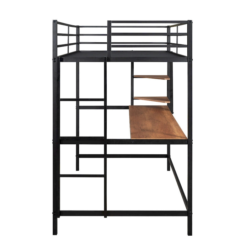 Lit mezzanine simple en métal noir avec bureau, échelle et étagères pour enfants