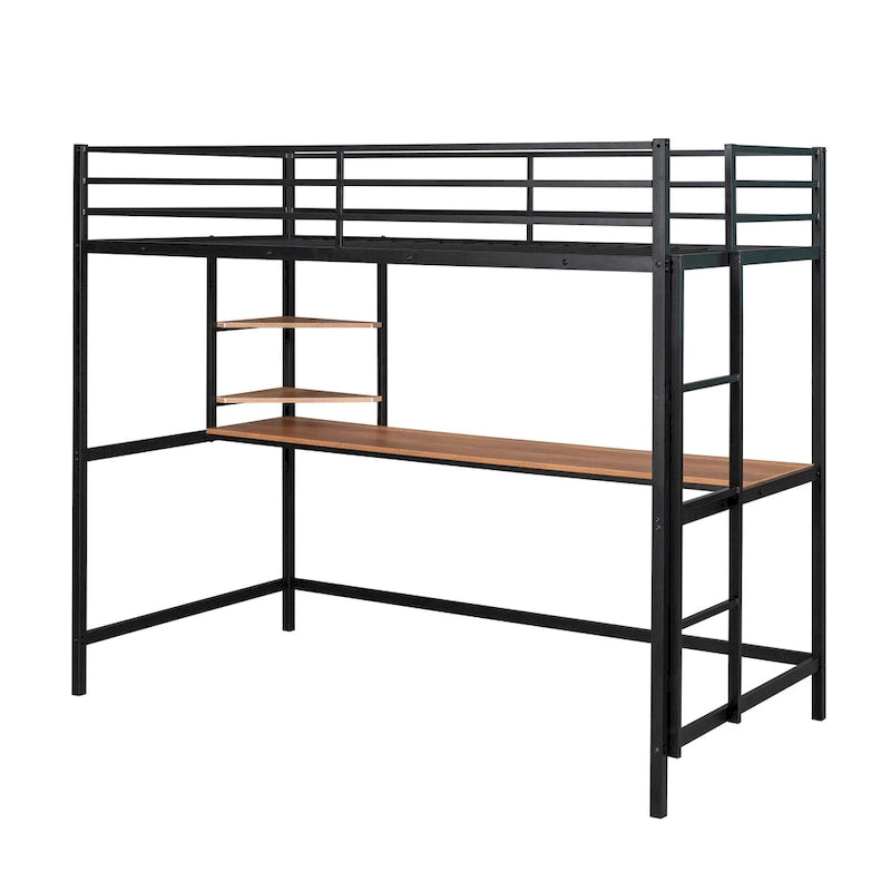Lit mezzanine simple en métal noir avec bureau, échelle et étagères pour enfants