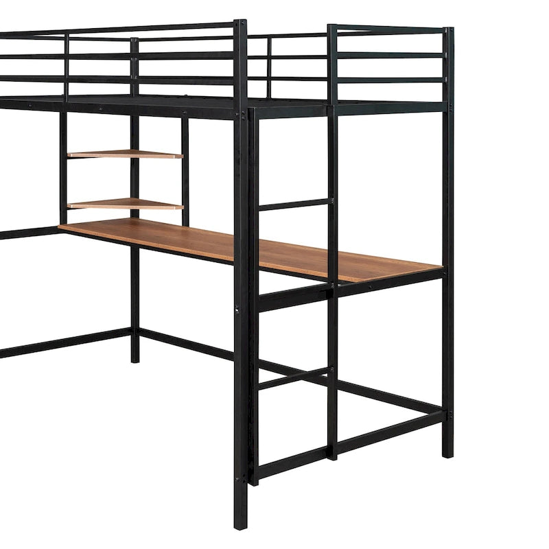 Lit mezzanine simple en métal noir avec bureau, échelle et étagères pour enfants