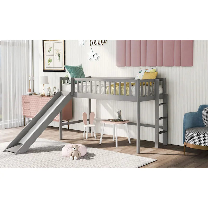 Lit mezzanine bas simple en bois gris avec échelle et toboggan pour enfants, garçons et filles