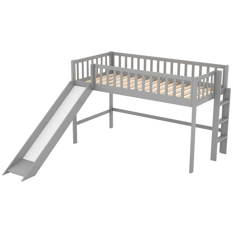 Lit mezzanine bas simple en bois gris avec échelle et toboggan pour enfants, garçons et filles