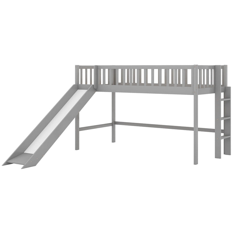 Lit mezzanine bas simple en bois gris avec échelle et toboggan pour enfants, garçons et filles