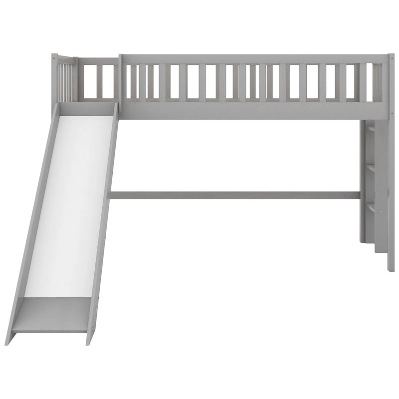 Lit mezzanine bas simple en bois gris avec échelle et toboggan pour enfants, garçons et filles