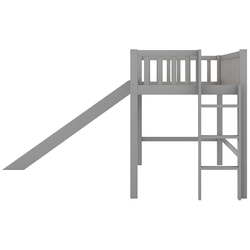 Lit mezzanine bas simple en bois gris avec échelle et toboggan pour enfants, garçons et filles
