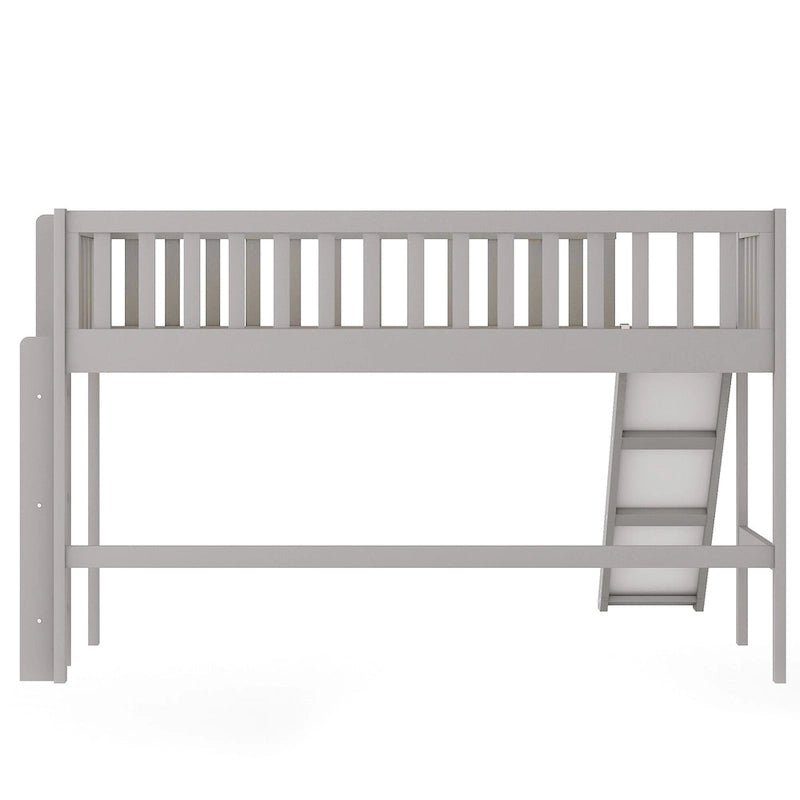 Lit mezzanine bas simple en bois gris avec échelle et toboggan pour enfants, garçons et filles