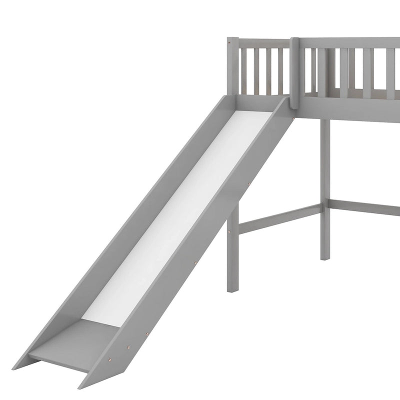 Lit mezzanine bas simple en bois gris avec échelle et toboggan pour enfants, garçons et filles