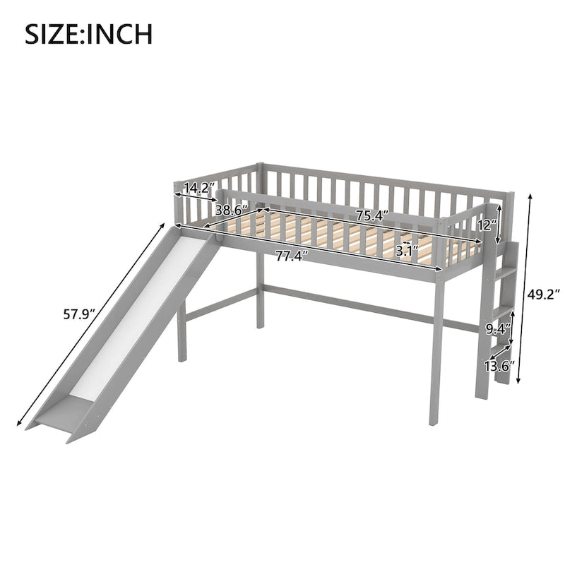 Lit mezzanine bas simple en bois gris avec échelle et toboggan pour enfants, garçons et filles