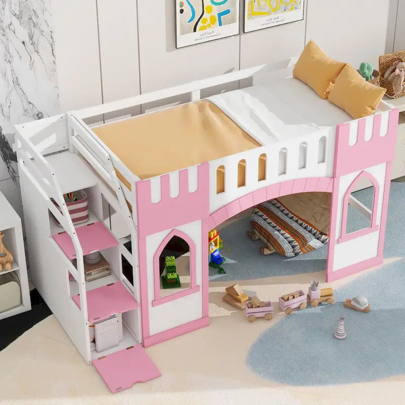 Lit mezzanine rose en bois massif avec escalier de rangement et fenêtre