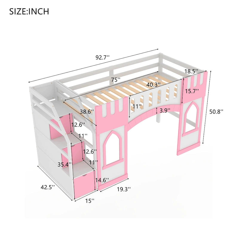 Lit mezzanine rose en bois massif avec escalier de rangement et fenêtre