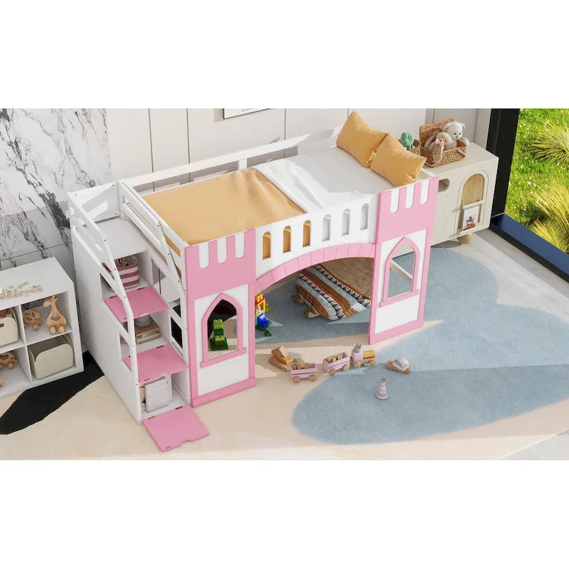Lit mezzanine rose en bois massif avec escalier de rangement et fenêtre