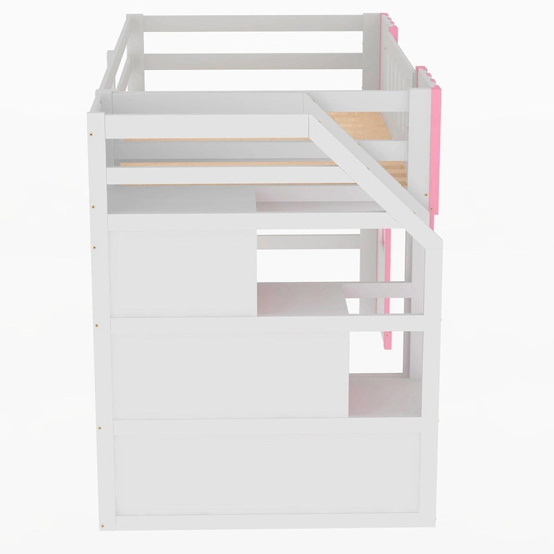 Lit mezzanine rose en bois massif avec escalier de rangement et fenêtre