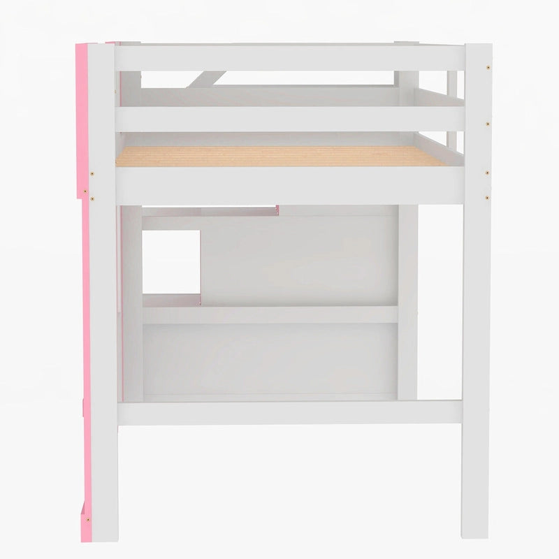 Lit mezzanine rose en bois massif avec escalier de rangement et fenêtre